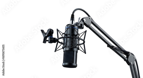 Professional studio condenser microphone with shock mount and scissor arm for podcasting, streaming, and voice recording applications, ideal for high-quality audio capture.