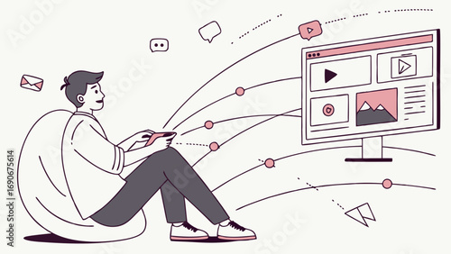 Person using mobile phone and connected to a computer screen showing multimedia content.