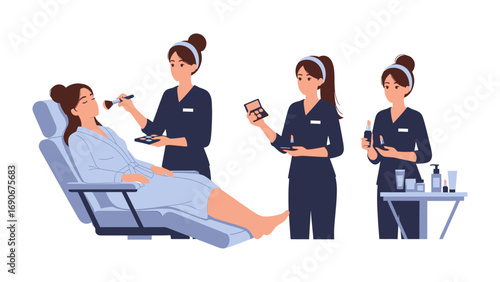 Professional makeup artist applying cosmetics to a client in a beauty salon showcasing product application and skincare routine with various beauty products