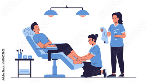 Professional podiatrist examining and treating a male patient s foot in a modern clinic setting with medical equipment and assistants