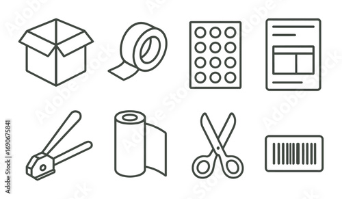 Packaging icons: box, tape, label sheet, brochure, hole punch, roll, scissors, barcode
