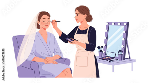 Professional makeup artist applying makeup to a happy bride sitting in a chair with a wedding veil and makeup station