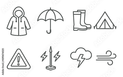 Outdoor gear and weather symbols: jacket, umbrella, boots, tent, safety, lightning, wind