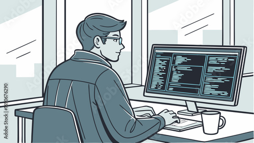 Programmer coding at computer desk software development illustration modern office workspace design.
