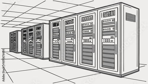 Rack Servers in Data Center Technology Illustration Network Infrastructure IT Equipment Computer Hardware Digital Technology Server Room Data Storage Cloud Computing Data Processing Network Security .