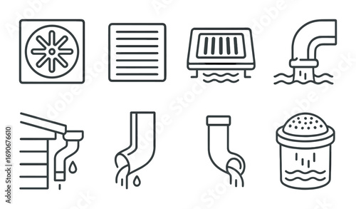 Drainage system icons on dark background: pipes, grates, filters, and gutters