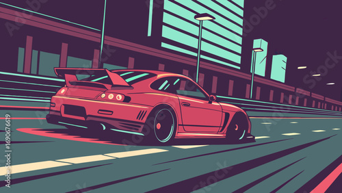 Red Sports Car Driving at Night on City Street Vector Illustration.