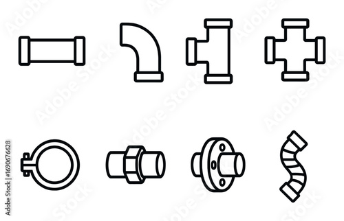 Set of metal pipe and fitting icons on black background