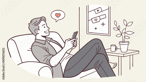 Relaxed man using smartphone at home cozy illustration.