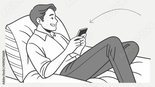 Relaxed person using smartphone casual illustration comfortable posture digital device leisure time modern lifestyle hand drawn style simple design black and white image vector illustration graphic d.