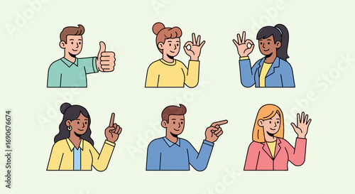 Six diverse people showing various hand gestures and expressions.