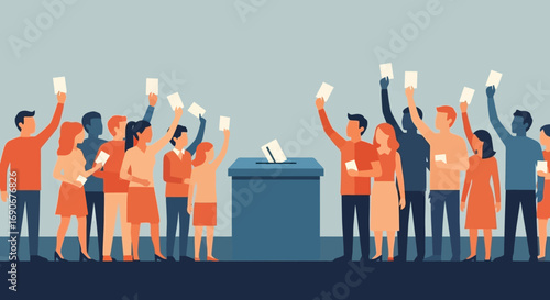People casting votes at a polling station, raising their ballots in the air.