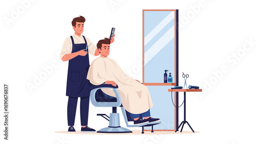 Young man getting a haircut and hairstyle from a barber using scissors and a comb in a modern salon