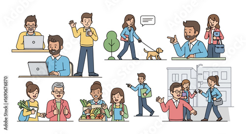 Collection of illustrated cartoon characters engaged in various daily life activities and routines.