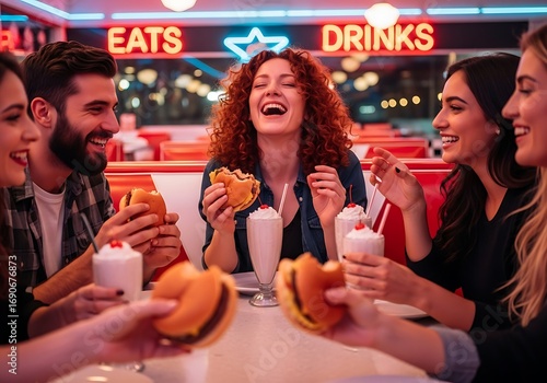 Friends enjoying burgers and milkshakes at a diner