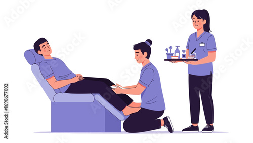 A caring nurse or therapist gently examines a patient s leg while another medical professional holds a tray of medications and supplies