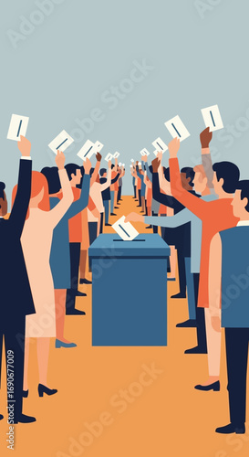 Diverse group of people casting votes in an election, holding up ballot papers near a ballot box, symbolizing civic participation.