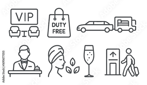 Luxury travel icons: vip lounge, duty-free, limousine, concierge, spa, champagne, departure