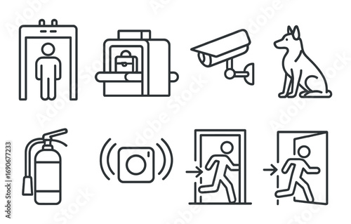 Security icons: metal detector, baggage scanner, cctv, guard dog, fire extinguisher, alarm, emergency exit