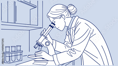 Scientist using a microscope in a laboratory research science experiment lab illustration medical healthcare technology analysis discovery innovation biology chemistry medicine lab equipment test tub.