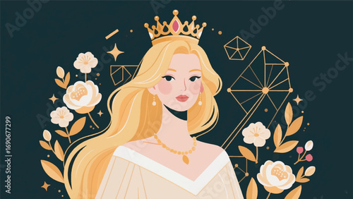 Illustration of Princess with Crown with Elegant Floral Background Vector Design Template