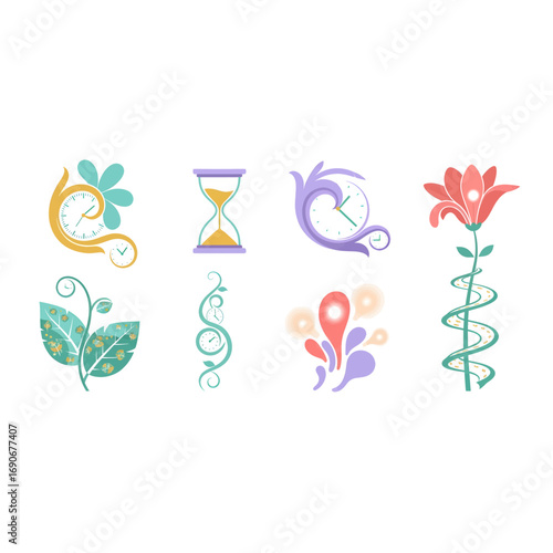 Compilation of healthcare symbols including caduceus staff of asclepius hourglass and botanical elements representing medicine and healing arts.