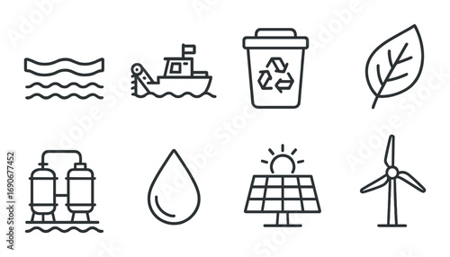Eco-friendly energy icons: solar, wind, water, recycling, biomass, conservation