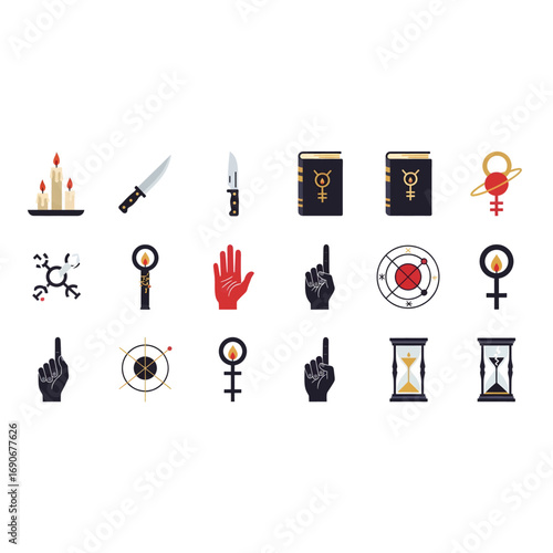 Collection of symbolic icons and objects representing danger mystery and mysticism for digital design projects