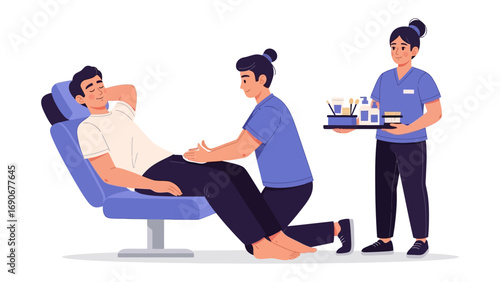 A male patient reclines in a medical chair while a nurse kneels to assist him with a medical procedure and another nurse holds a tray of medical supplies