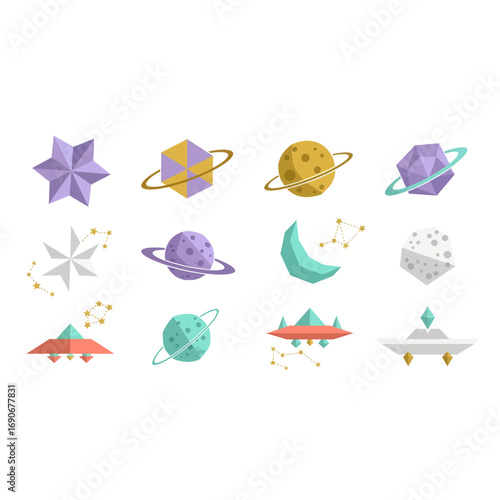 Whimsical cosmic icons collection featuring planets stars ufos and abstract celestial shapes for outer space themes
