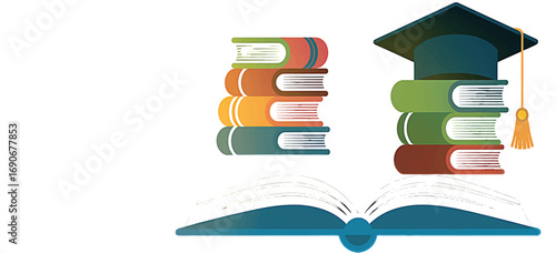 Academic Success Books and Graduation Cap Icon Illustrating Knowledge and Learning