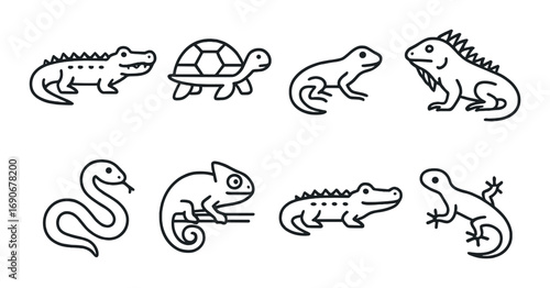 Silhouette set of reptiles: alligator, turtle, frog, iguana, snake, chameleon, crocodile, gecko