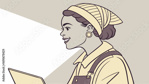 Smiling woman profile illustration digital art female portrait vector graphic happy person casual wear headband tablet modern design side view line art minimalist style fashion illustration profile p.