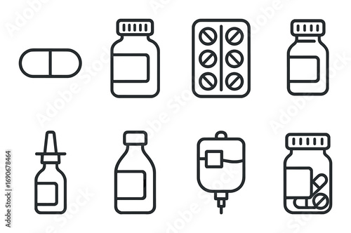 Outline icons of various medication forms on dark background