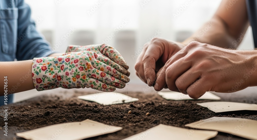 Obraz premium Hands planting seeds in soil: gardening activity with floral gloves