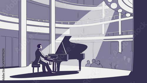 Solo Pianist Performing on Stage in Modern Concert Hall.