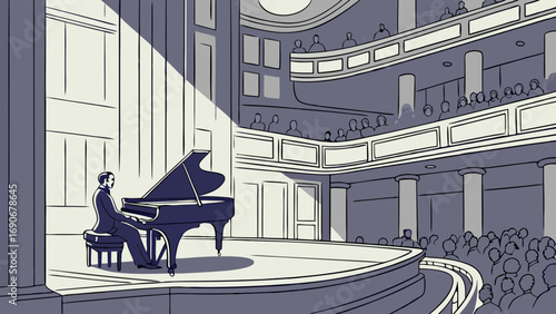 Solo Piano Performance in Concert Hall Classical Music Event Grand Piano Audience Stage Illustration.