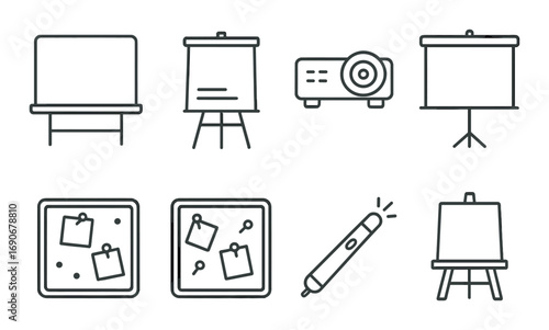 Education and office supply icons: screens, projectors, boards, and stylus on gray background