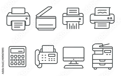 Outline icons of office equipment including printers, scanner, shredder, calculator, fax, computer