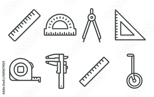 Outline of geometric measurement tools on dark background