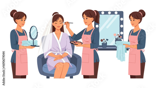 Professional makeup artists meticulously applying cosmetics to a woman sitting in a chair in a beauty salon with a large mirror in the background