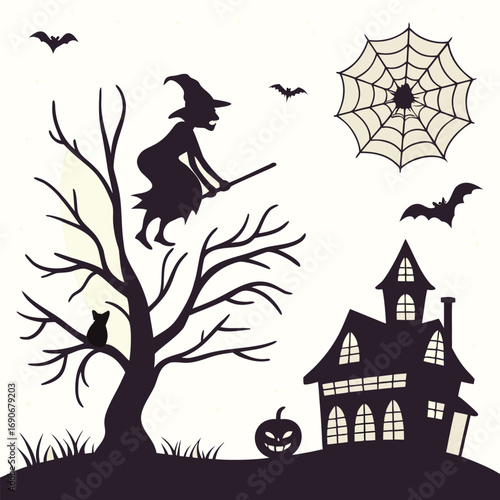 Halloween pumpkins and dark castle on full Moon background,Happy Halloween message design illustration.