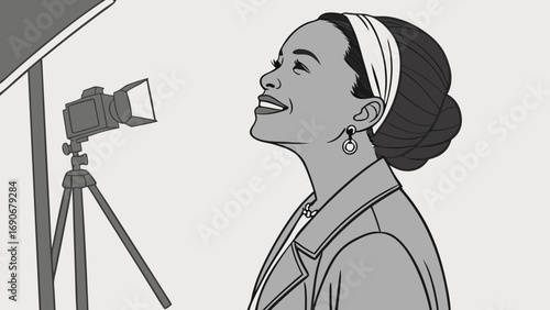 Stylish Woman Posing for Photography Studio Lighting Black and White Illustration Portrait Fashion Headshot.