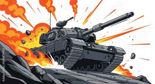 Vector art of a tank firing with a massive explosion and smoke in the background, symbolizing war, destruction, and violence, carrying a strong anti-war and peace campaign message