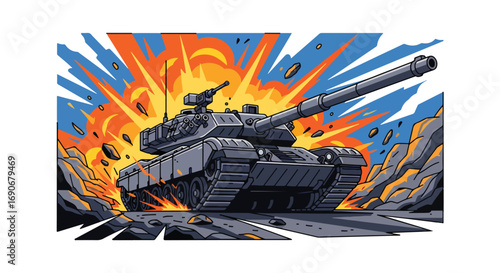 Vector art of a tank firing with a massive explosion and smoke in the background, symbolizing war, destruction, and violence, carrying a strong anti-war and peace campaign message
