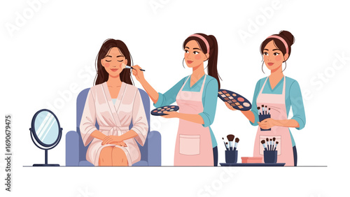 Professional makeup artists applying cosmetics to a woman sitting in a chair with a mirror and makeup tools on a table