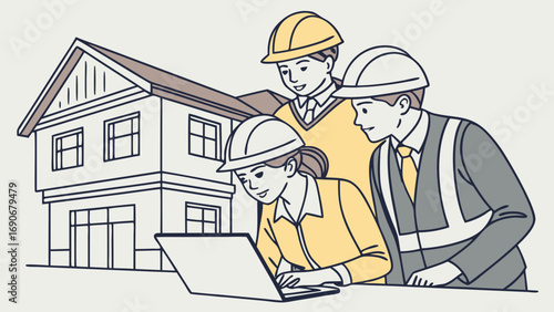 Team of Architects Reviewing House Plans on Laptop.