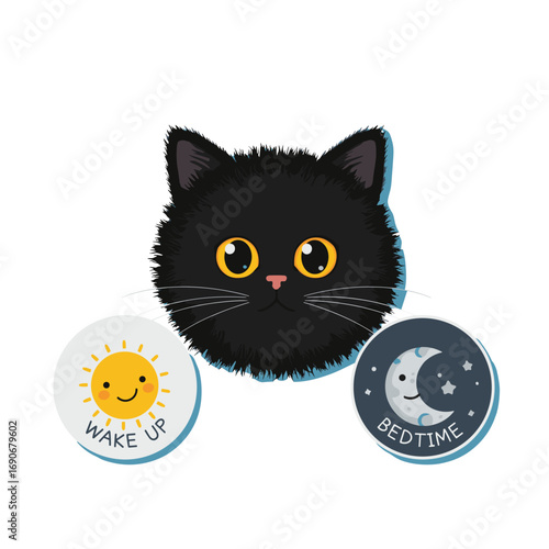 Black cat illustration with wake up and bedtime buttons  
