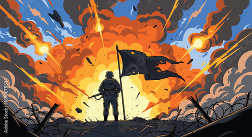 Vector art of a soldier holding a flag in front of a massive explosion and ruined city, symbolizing war’s devastation and promoting a powerful anti-war and peace awareness message