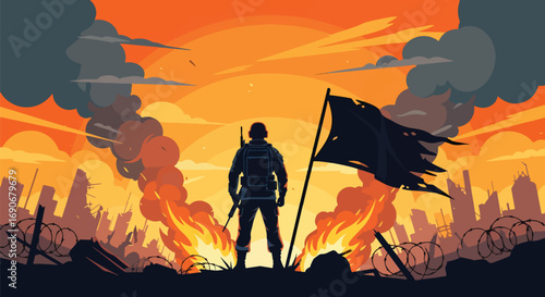 Vector art of a soldier holding a flag in front of a massive explosion and ruined city, symbolizing war’s devastation and promoting a powerful anti-war and peace awareness message